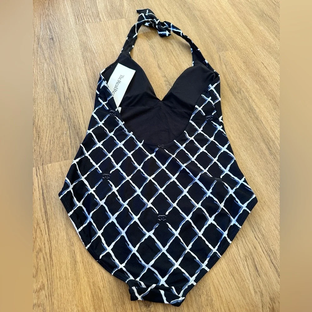 CHANEL Black Lattice-Print One-Piece Swimsuit